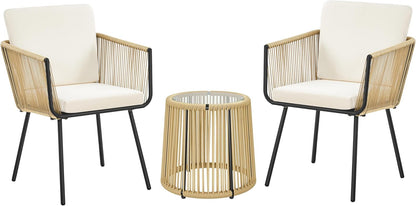 3 Piece Patio Rattan Bistro Set, Outdoor All Weather PE Wicker Conversation Furniture Set with 2 Chairs & Tempered Glass Top Table & Cushions, for Poolside/Porch/Garden/Yard, Tan/Cream