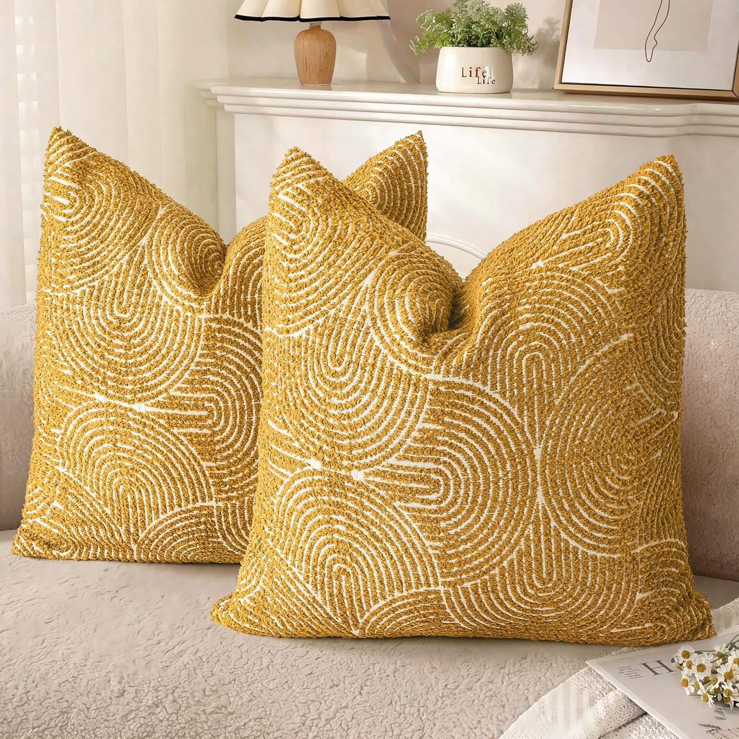 Boho Decorative Textured Throw Pillow Covers 20X20, Organic Modern Mid Century Rainbow Tufted Pillow Case, Farmhouse Rustic Geometric Woven Cushion Case for Bed Couch Sofa, Mustard Yellow