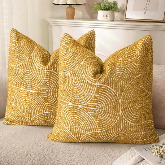 Boho Decorative Textured Throw Pillow Covers 20X20, Organic Modern Mid Century Rainbow Tufted Pillow Case, Farmhouse Rustic Geometric Woven Cushion Case for Bed Couch Sofa, Mustard Yellow