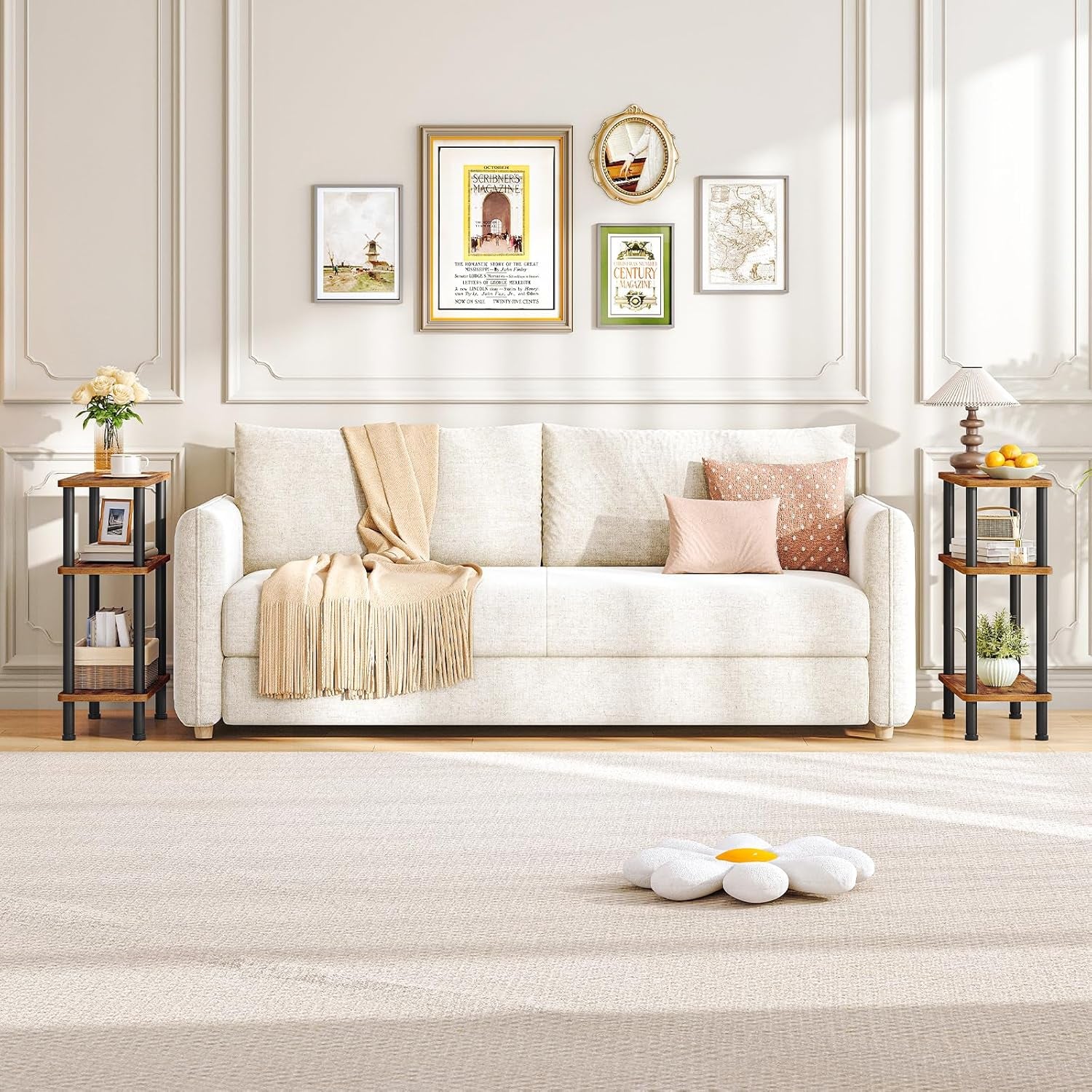 Narrow Side Table, 3-Tier Slim End Table No Tools Needed, Twist-On Assembly, Skinny Nightstand Sofa Storage Shelf for Living Room, Bedroom, Study, Rustic Brown and Black BF246BZ01N1