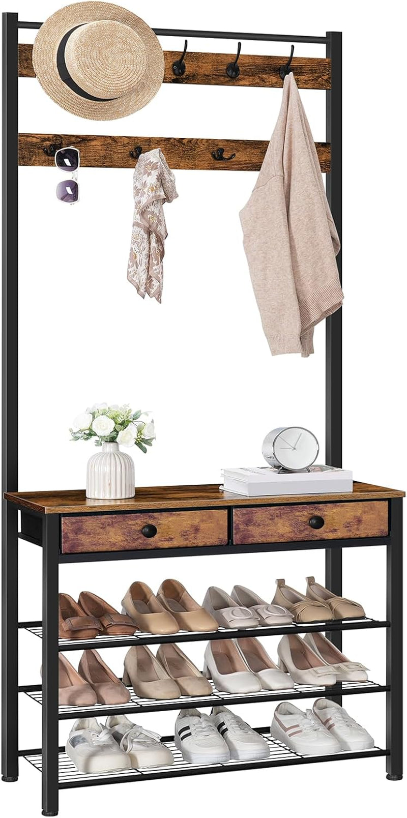 Hall Tree, Entryway Coat and Shoe Rack, 2 Fabric Drawers, Hall Tree with Bench, Shoe and Coat Rack, Coat Rack with Shoe Storage, 4 Tier Shoe Organizer, 9 Hooks, Rustic Brown and Black BF81MT01