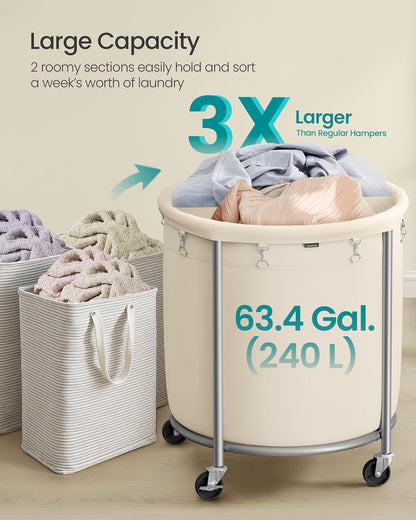 63.5-Gallon (240 L) Laundry Basket with Wheels, Rolling round Heavy-Duty Laundry Hamper Cart with Steel Frame and Removable Bag, 2 Locking Wheels, Cream White and Metallic Silver URLS012W01