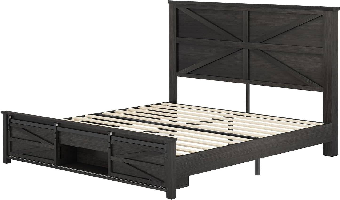 Farmhouse Full Size Bed Frame with Sliding Barn Door Storage, 49" Tall Headboard Wood Bed Frame, Rustic Platform Bed Frame Wooden Slats & Metal Support, No Box Spring Needed, Deep Brown