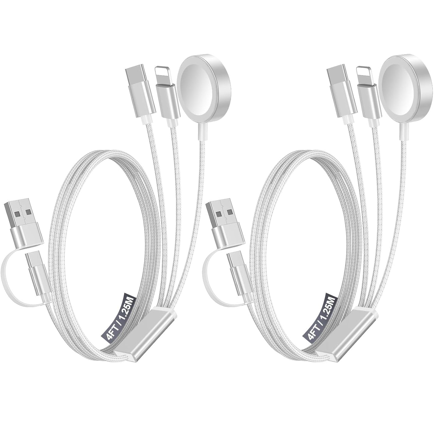 2Pack Multi Fast Charging Cable for Travel Vacation Essentials,Apple Watch Charger,Iphone Charger[3-In-2]Usb A/Type C/Lightning Cable for Iwatch,Iphone 16-11,Nintendo Switch,Airpods,Car,Camping-White