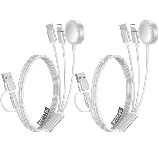 2Pack Multi Fast Charging Cable for Travel Vacation Essentials,Apple Watch Charger,Iphone Charger[3-In-2]Usb A/Type C/Lightning Cable for Iwatch,Iphone 16-11,Nintendo Switch,Airpods,Car,Camping-White