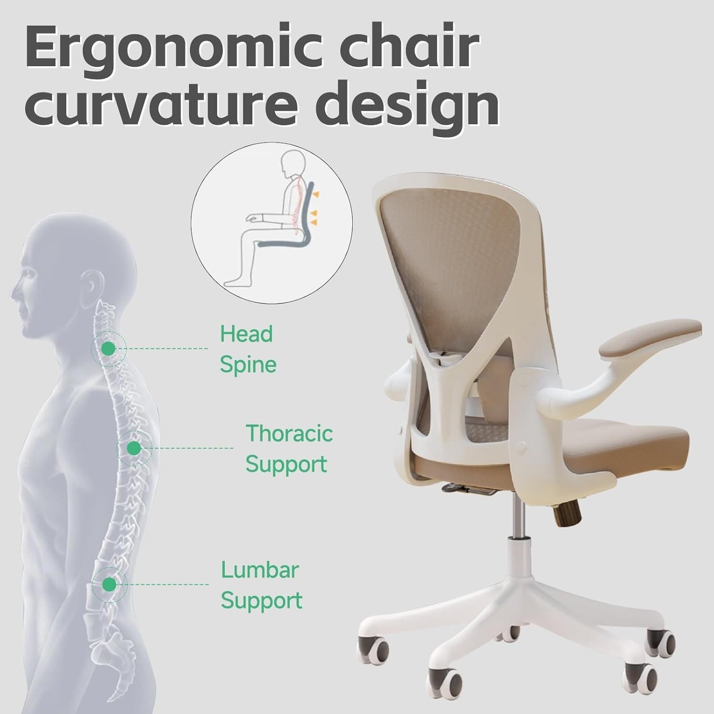 Ergonomic Office Chair with Adjustable Lumbar Support & Flip-Up Armrests - High Back Computer Desk Chair with Thickened Seat Cushion, Rolling Wheels for Home/Office Study Work