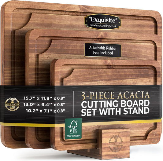 Pre-Oiled, Non Toxic 3-Piece Acacia Cutting Board Set with Stand, FSC Certified Wooden Chopping Boards with Juice Grooves for Meat. 3 Size Wood Carving Boards for Home & BBQ Kitchens by