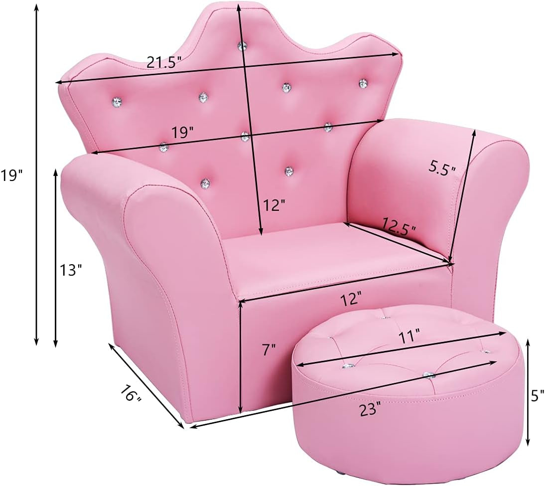 Kids Sofa, Children Upholstered Sofa with Ottoman, Princess Sofa with Diamond Decoration, Ottoman, Smooth PVC Leather Toddler Chair, Kids Pink Couch for Preschool Boys and Girls Gift (Pink)