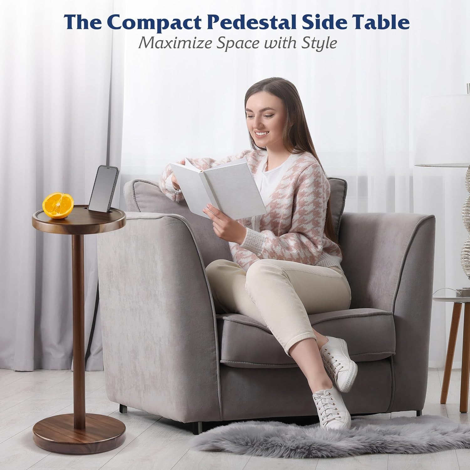Drink Table, 22" Tall Compact Side Table with Phone Slot and Weighted Base, Durable Pedestal Table Accent for Living Room (Flat, Walnut)