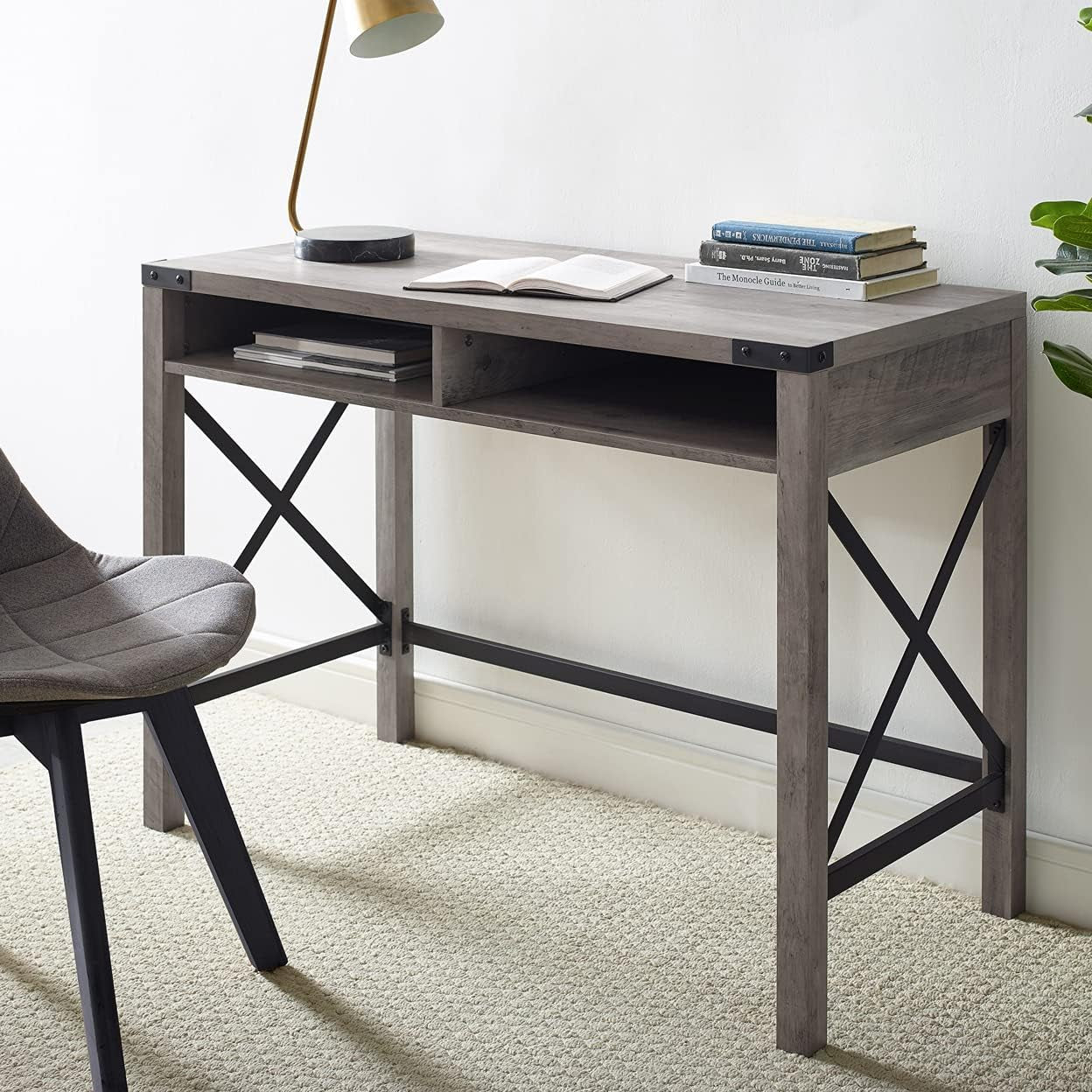 Callum Modern Farmhouse Metal X Writing Desk, 42 Inch, Grey Wash
