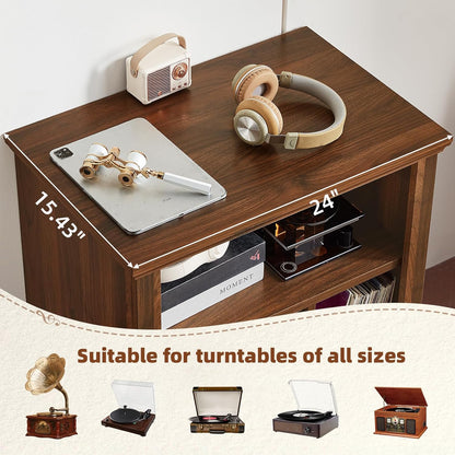 Record Player Stand with Vinyl Record Storage, 24" Wide Mid-Century Record Player Table up to 200 Albums,Large Wood Turntable Stand Cabinet Dispaly Shelf for Living Room,Bedroom,Brown