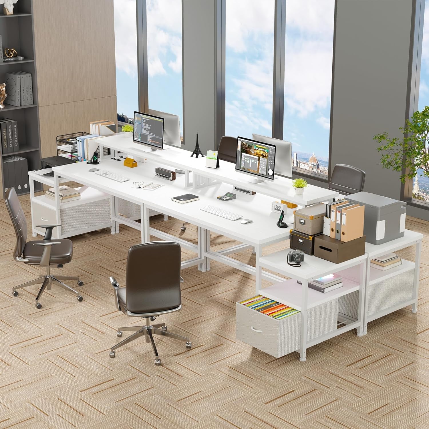 57" Computer Desk with Drawers and Printer Space,Office Desk with Power Outlets,Home Office Desks with File Drawers Cabinet,Study Writing and Gaming Desk with Shelves Monitor Stand,Black