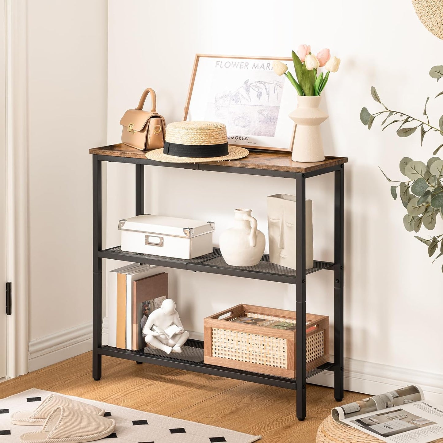 29.5" Narrow Console Table, 3-Tier Entryway Table, Thin Sofa Table with Shelves, Side Table, Display Table, for Hallway, Entrance, Living Room, Bedroom, Rustic Brown and Black BF73XG01