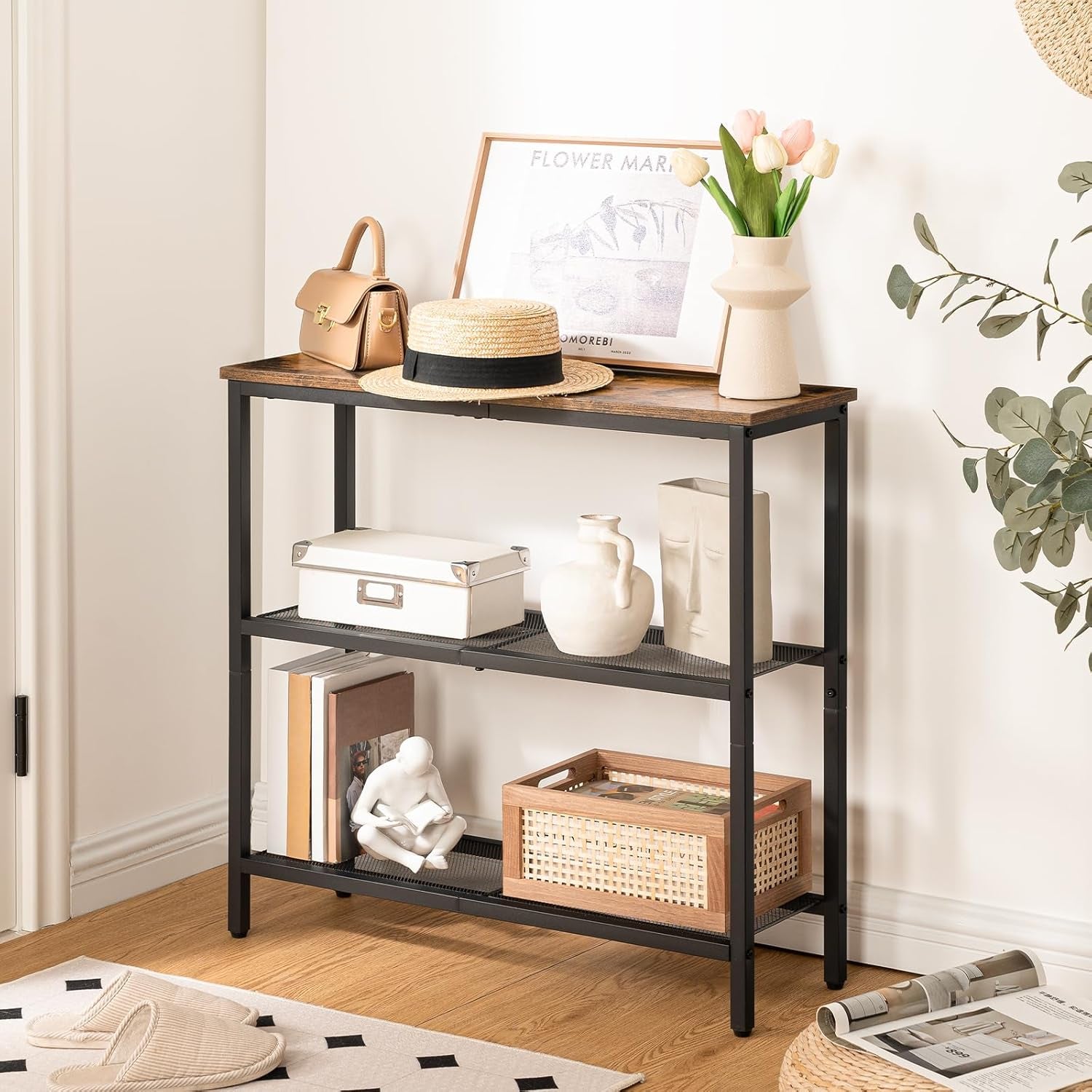 29.5" Narrow Console Table, 3-Tier Entryway Table, Thin Sofa Table with Shelves, Side Table, Display Table, for Hallway, Entrance, Living Room, Bedroom, Rustic Brown and Black BF73XG01