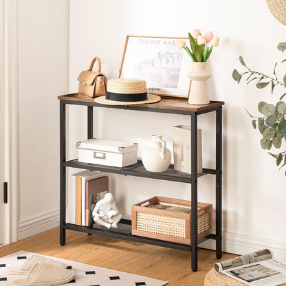 29.5" Narrow Console Table, 3-Tier Entryway Table, Thin Sofa Table with Shelves, Side Table, Display Table, for Hallway, Entrance, Living Room, Bedroom, Rustic Brown and Black BF73XG01