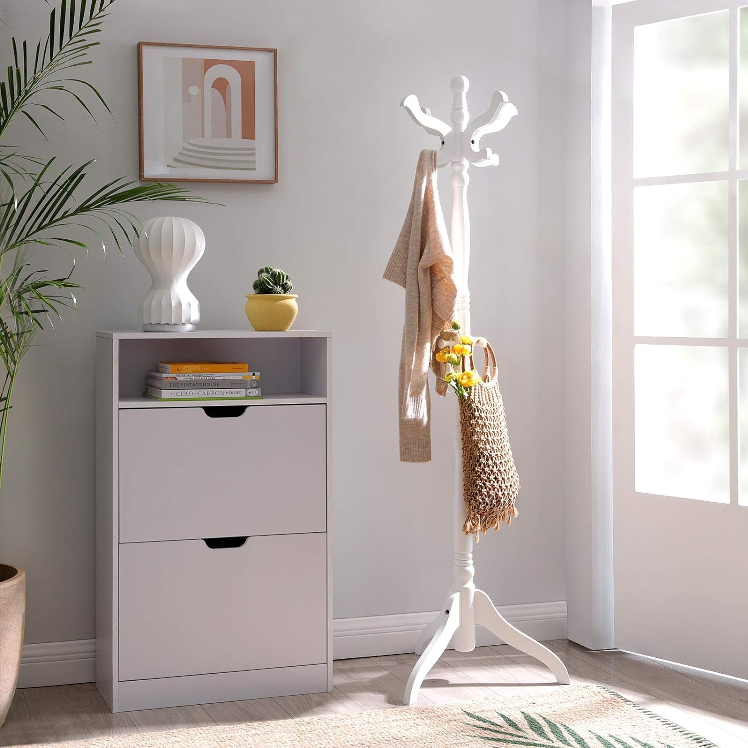 Coat Stand, Solid Wood Freestanding Coat Rack with 11 Hooks, Hall Tree for Bags, Purses, Hats, for Entryway, Hallway, Rubberwood, White URCR005W02