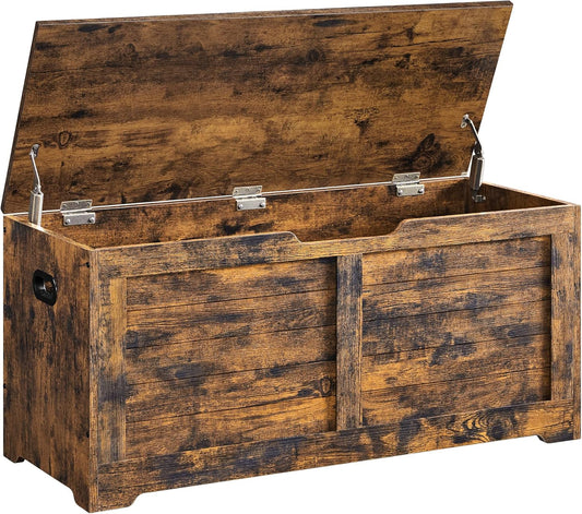 Storage Chest, Storage Bench with 2 Safety Hinges, Farmhouse Style, 15.7 X 39.4 X 18.1 Inches, for Entryway, Bedroom, Living Room, Rustic Brown ULSB061T01