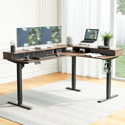 L Shaped Electric Standing Desk, 63X48 Inch Large with Drawers | Reversible Tabletop, 2 Memory Height Settings | Home Office & Gaming Height-Adjustable Table, Black Walnut（2 Packages）