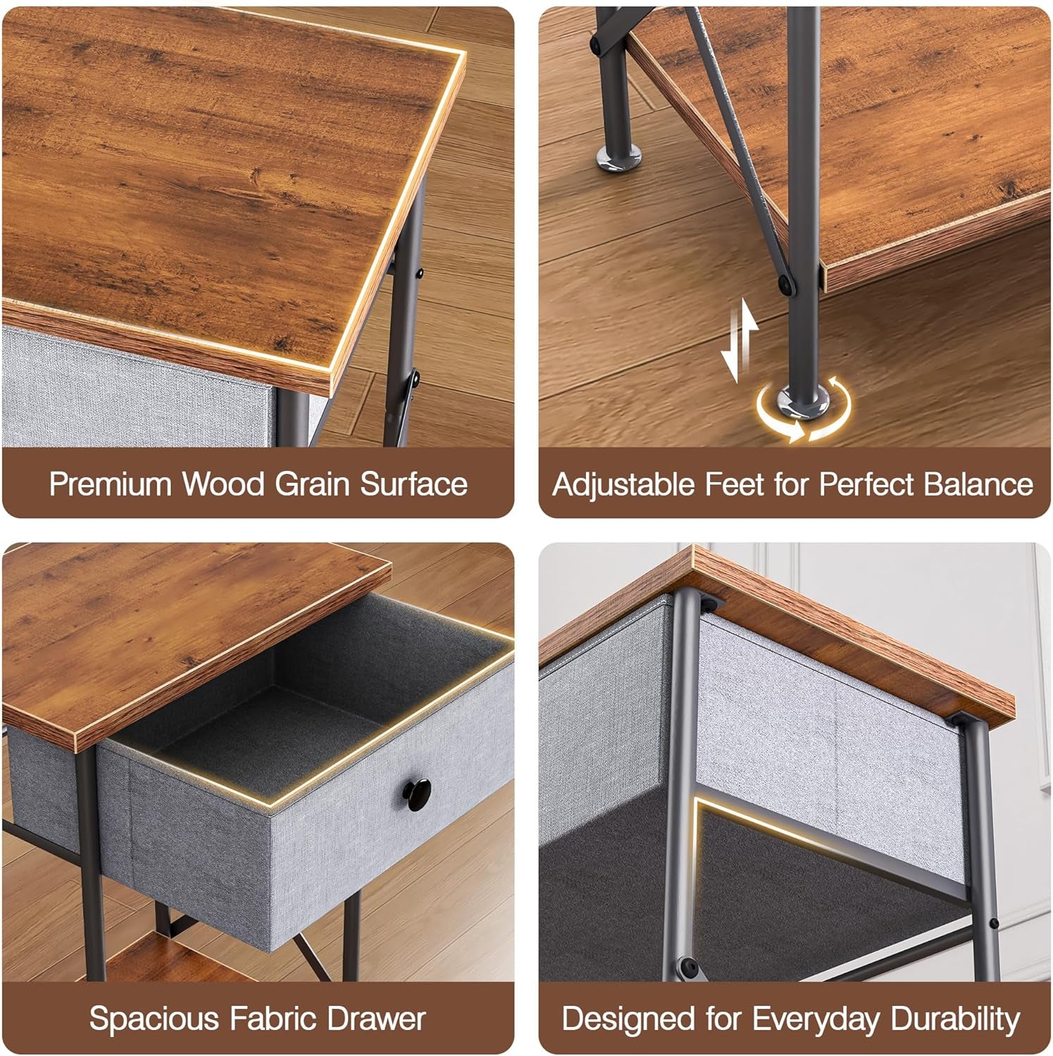 Nightstand with Drawer, Small Bedside Table with Storage and Adjustable Metal Legs, Wood End Table for Bedroom or Living Room, Perfect for Small Spaces and Modern Farmhouse Décor, Retro Brown