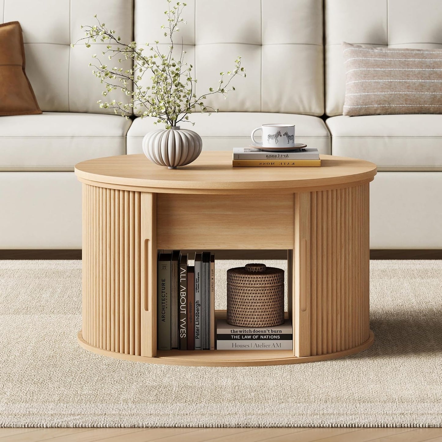 Lift Top Coffee Table, round Fluted Coffee Table with Storage, Boho Wooden Coffee Tables with Sliding Tambour Door, 31.5" Center Table for Living Room, Office, Small Space, Natural Oak