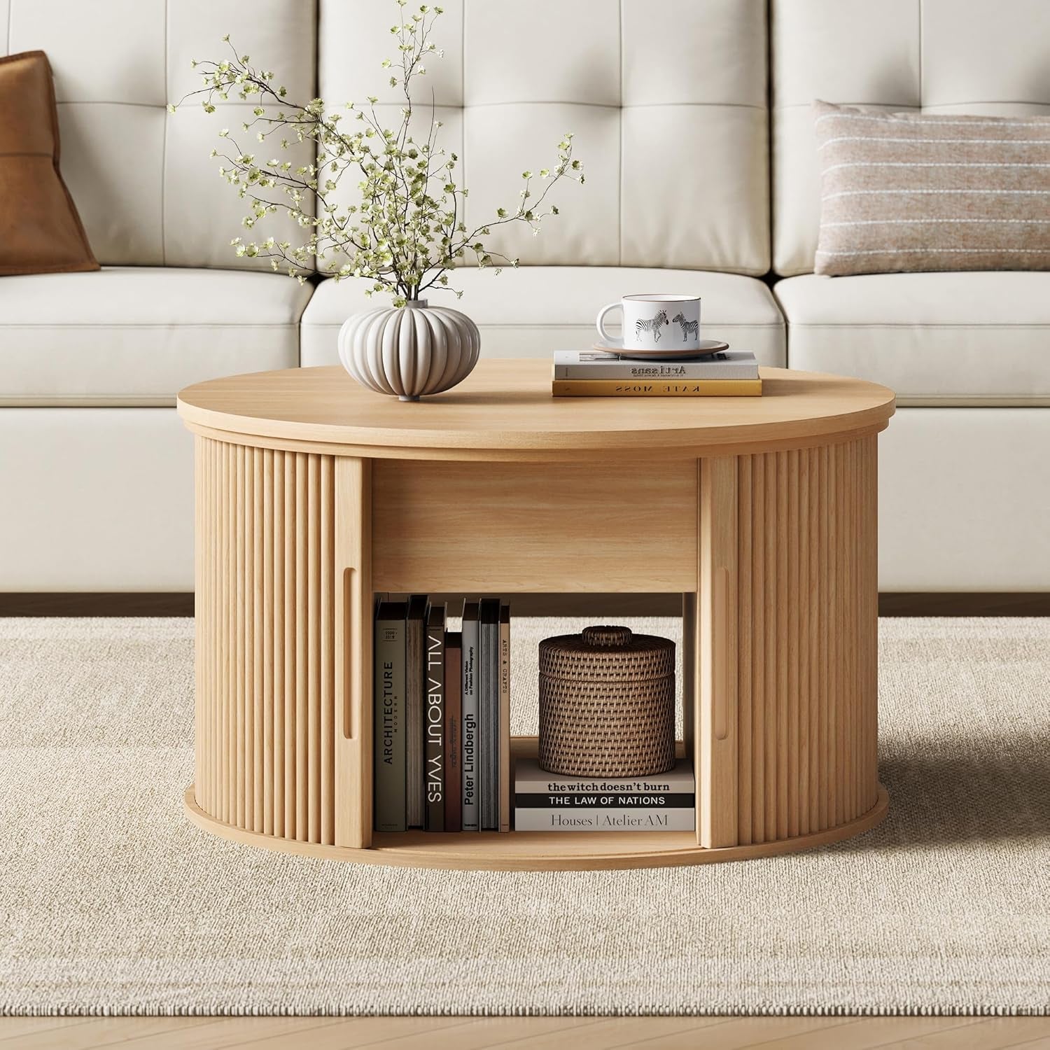 Lift Top Coffee Table, round Fluted Coffee Table with Storage, Boho Wooden Coffee Tables with Sliding Tambour Door, 31.5" Center Table for Living Room, Office, Small Space, Natural Oak