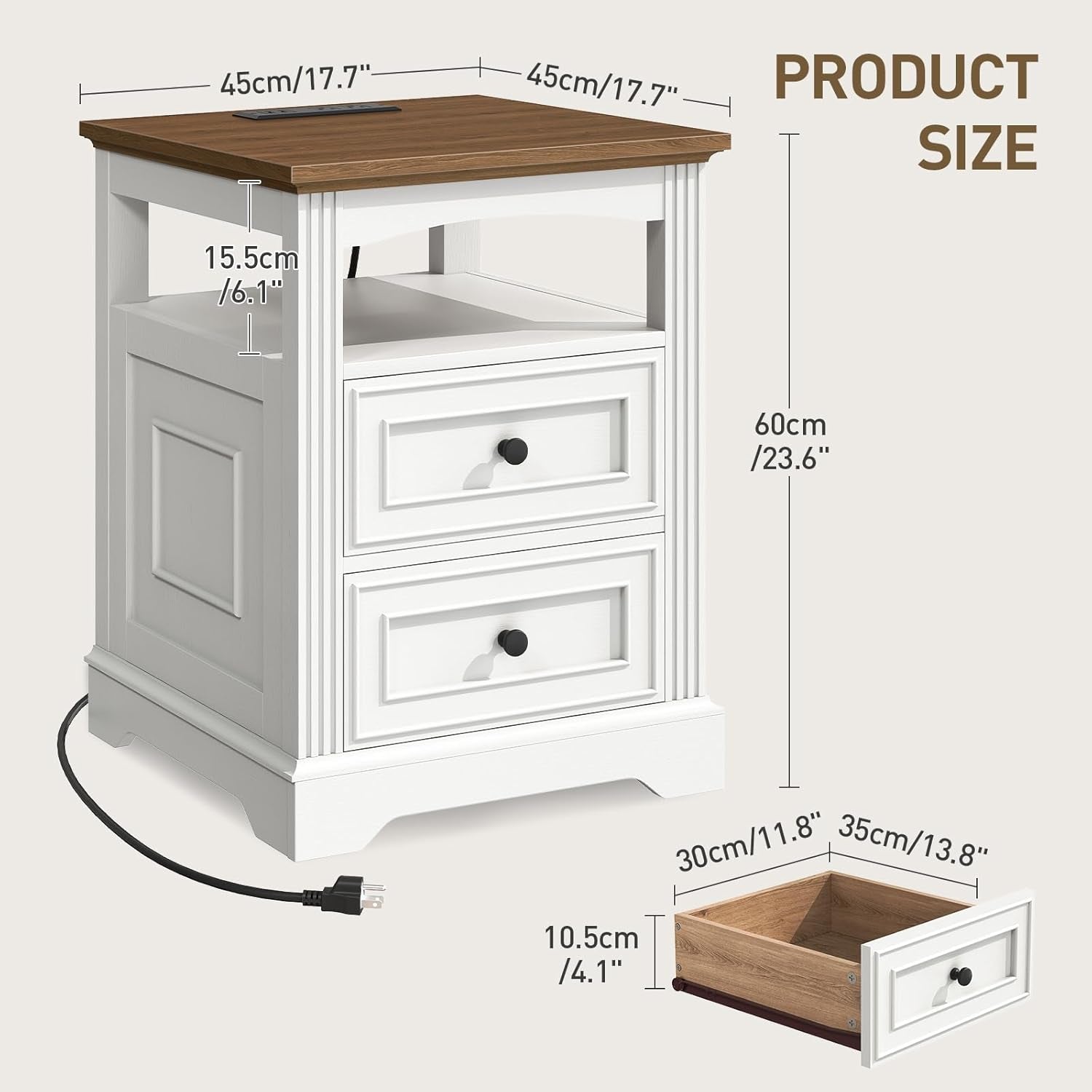 Farmhouse End Table with Charging Station, Large Side Table with Drawers and Open Shelf, Square Rustic Wooden Nightstand for Living Room, White and Walnut