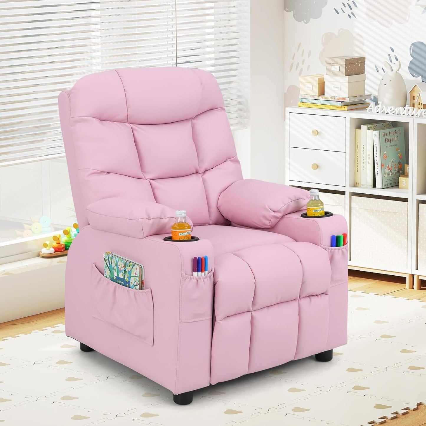 Kids Recliner Chair with Cup Holder, Adjustable Lounge Chair W/Footrest & Side Pockets for Children Boys Girls Room, Ergonomic Toddler Furniture Sofa, Kids Pink Recliner (Pink)