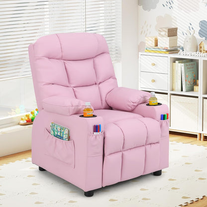 Kids Recliner Chair with Cup Holder, Adjustable Lounge Chair W/Footrest & Side Pockets for Children Boys Girls Room, Ergonomic Toddler Furniture Sofa, Kids Pink Recliner (Pink)