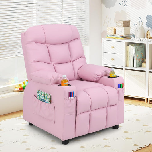 Kids Recliner Chair with Cup Holder, Adjustable Lounge Chair W/Footrest & Side Pockets for Children Boys Girls Room, Ergonomic Toddler Furniture Sofa, Kids Pink Recliner (Pink)