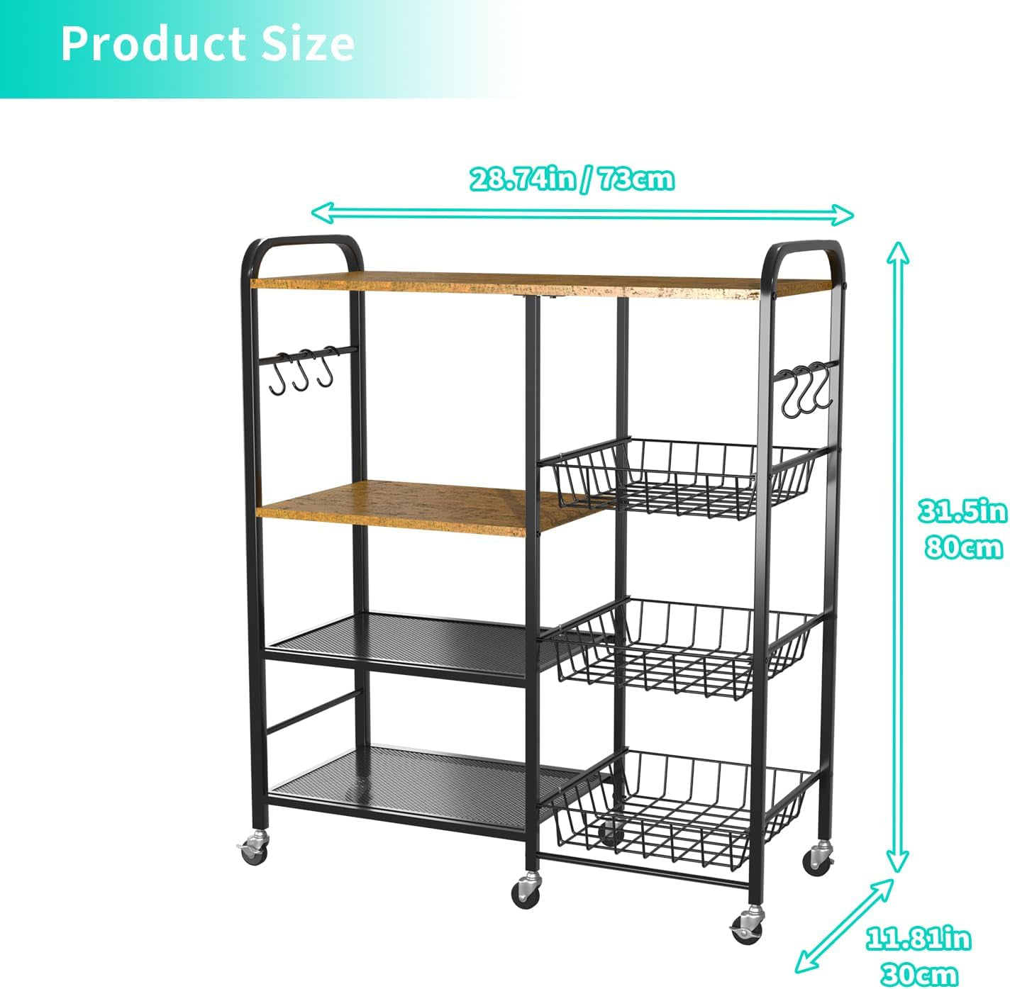 Rolling Kitchen Microwave Cart - 4 Tier Microwave Table Stand with Pull-Out Baskets, Coffee Bar Baker'S Rack with Wheels Rolling Storage Cart Organizer Shelf for Living Room Office, Balcony