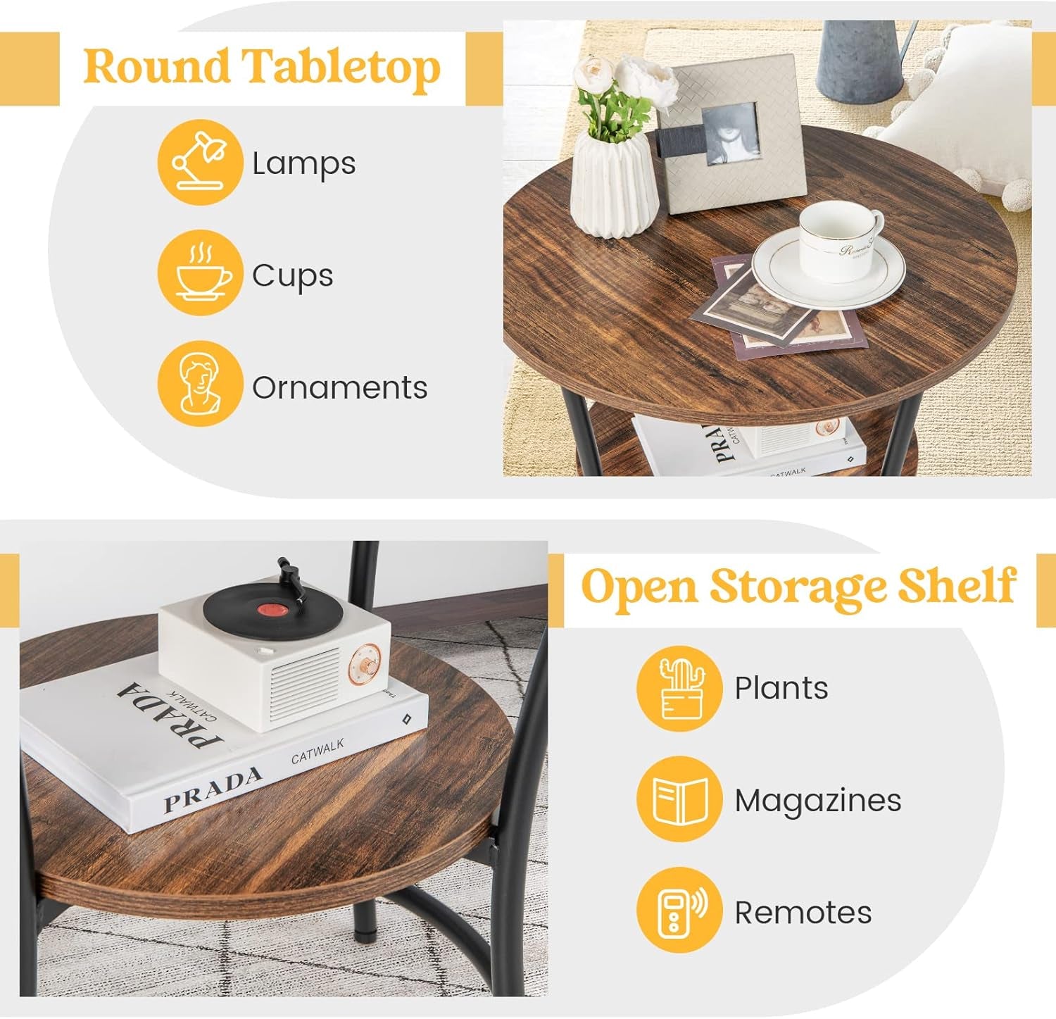 round End Table Set of 2, Industrial Side Table with 2 Storage Shelves & Sturdy Metal Frame, Versatile Bedside Table for Bedroom Living Room Small Space, Easy Assembly (2, Brown)