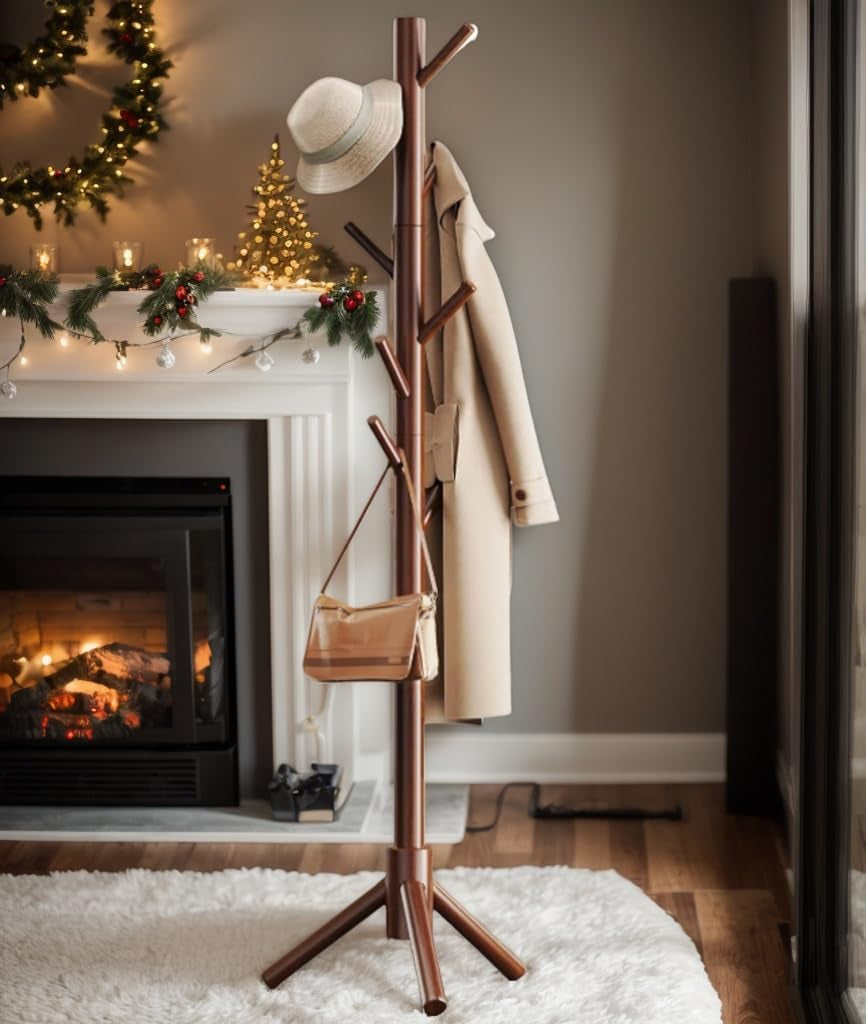 Sturdy Wooden Coat Tree with 8 Hooks, 3 Adjustable Sizes for Clothes, Hat Stand Used in Bedroom/Office/Entryway, Brown