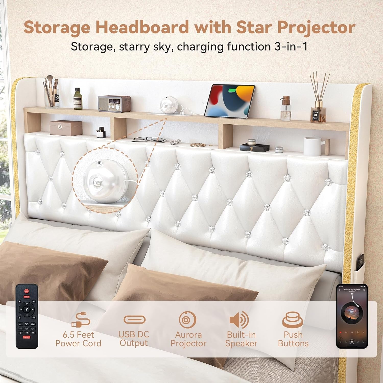 Queen LED Bed Frame with 2 Drawers, 53" Tall Platform Beds with Galaxy Star Projector Charging Station, PU Upholstered Diamond Tufted Aurora Bedframe with Storage Headboard, White
