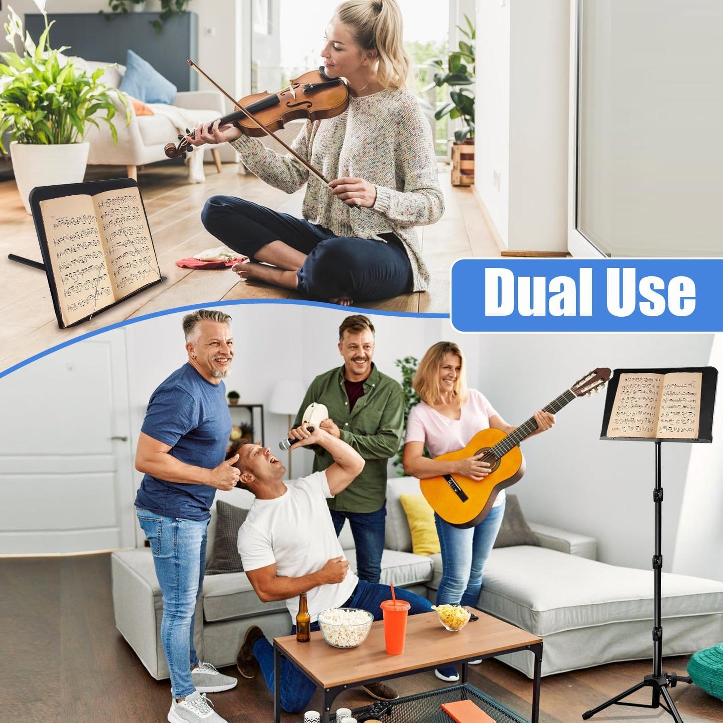 Sheet Music Stand with Light and Phone Holder, 57" Portable Music Stand for Sheet Music High Stability, Height Adjustable Music Stands with Carrying Bag(33-57Inch, Plate without Hole)