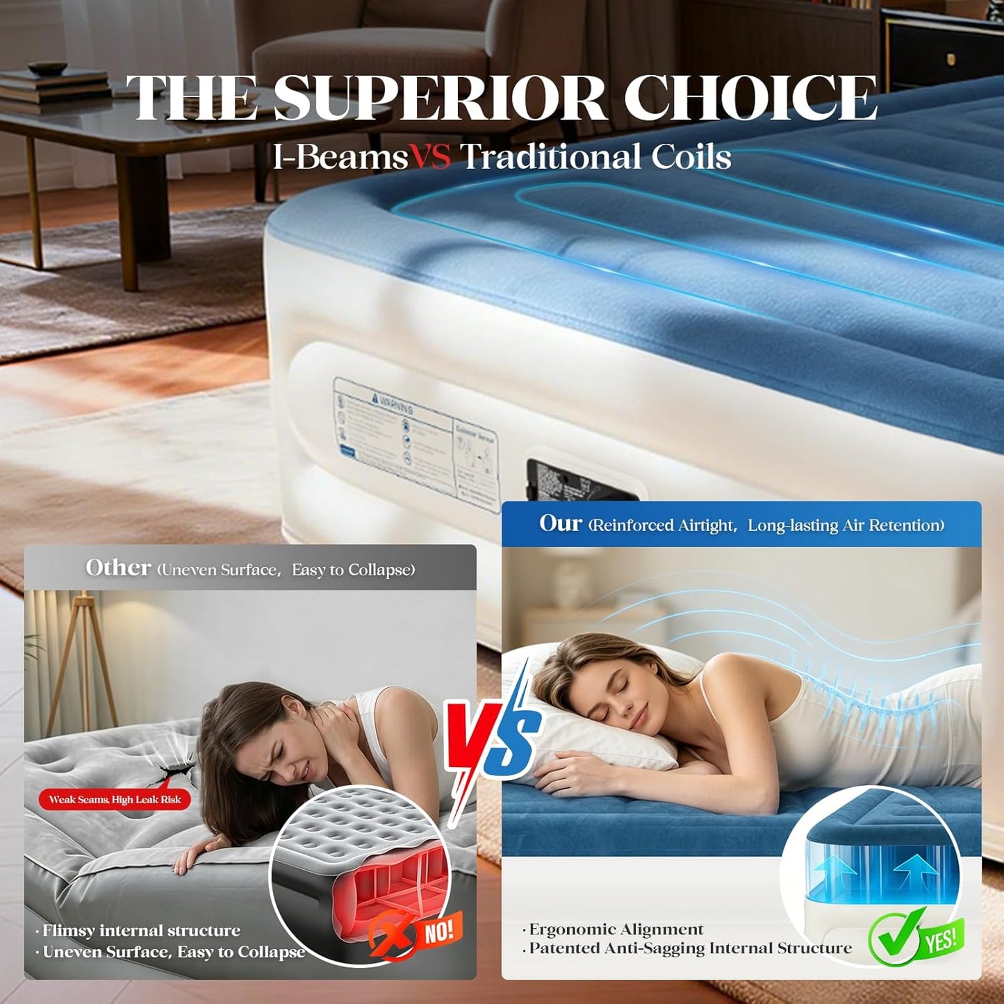 Queen Air Mattress with Built-In Pump,18'' Raised Blow up Mattress, Leak-Proof Air Bed with Storage Bag, Flocked Top Inflatable Mattress for Home, Camping & Guests, I-Beam, Colchon Inflable