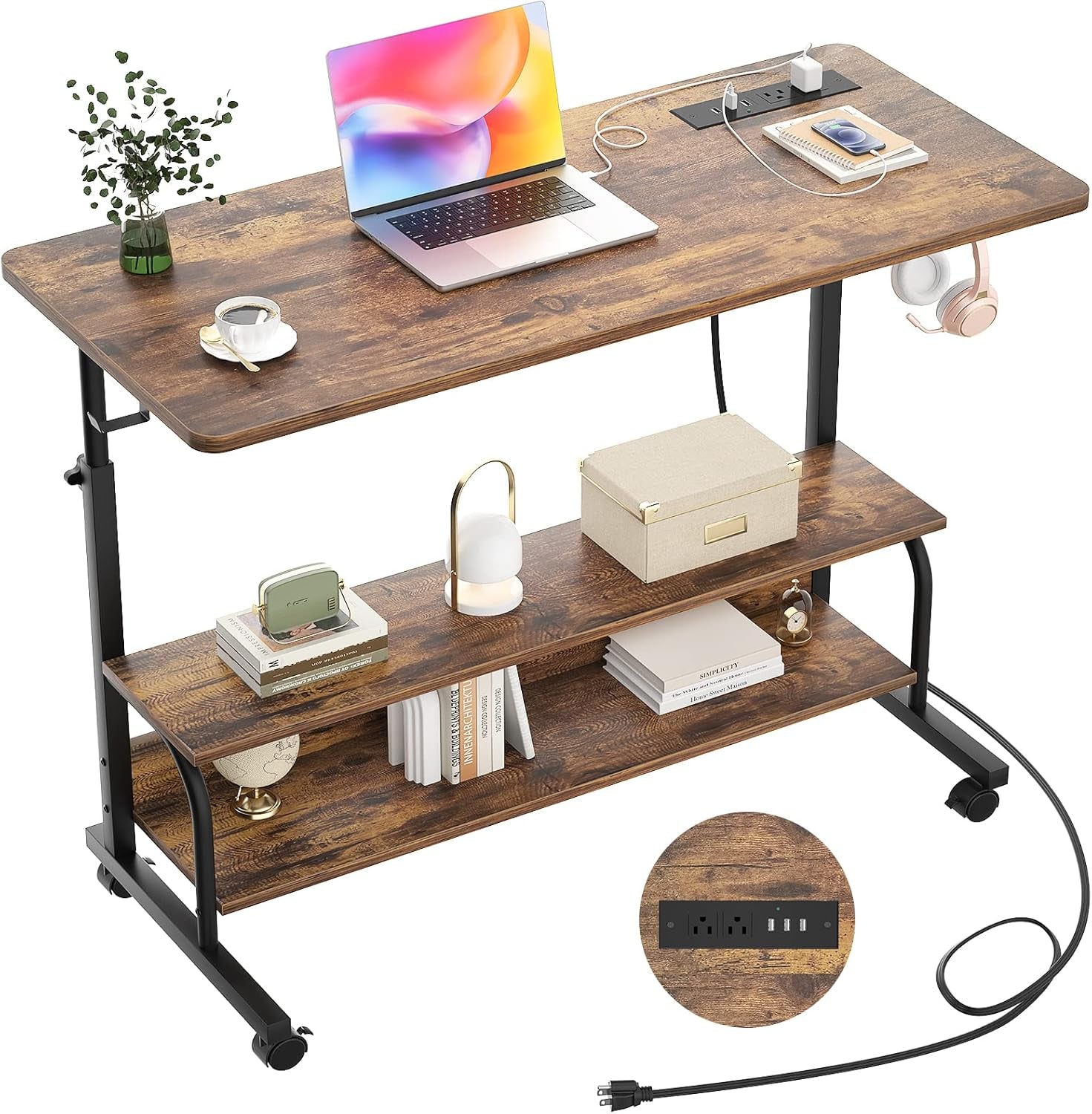 Height Adjustable Standing Desk with Power Outlets, 39" Manual Stand up Desk with Storage Shelves Small Mobile Rolling Computer Desk Portable Laptop Table with Wheels for Home Office, Rustic