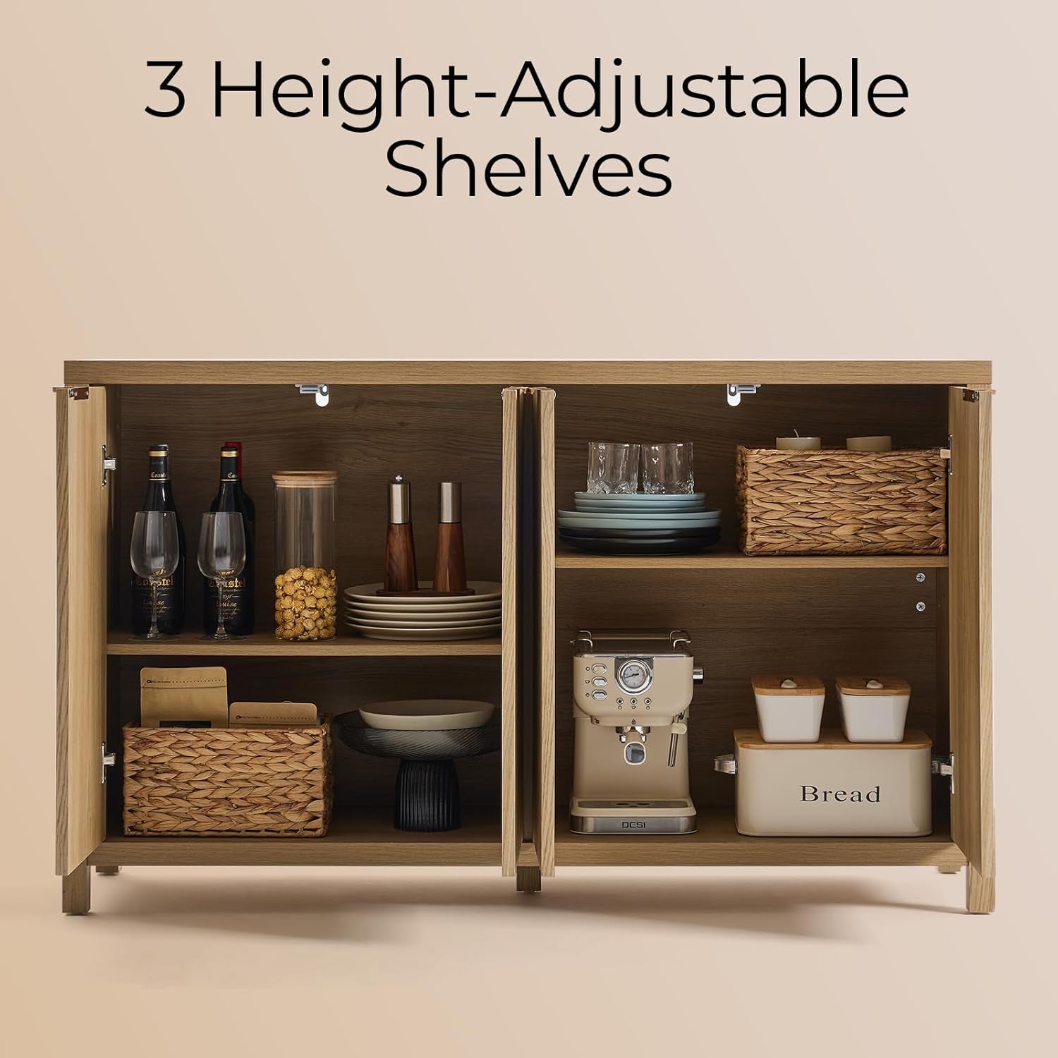 Buffet Cabinet Fluted Sideboard 56" Accent Cabinet with Adjustable Shelves 4 Doors Modern Storage Credenza for Living Room Kitchen Hallway,Golden Oak