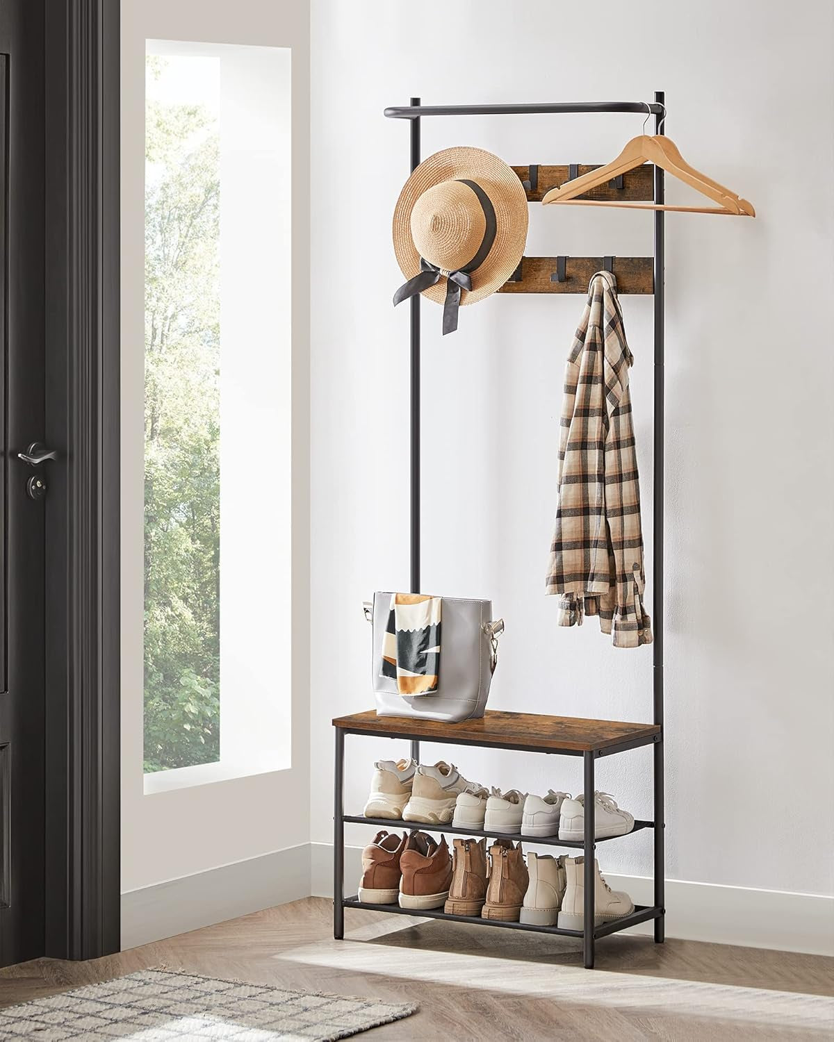 Hall Tree with Bench and Shoe Storage, Entryway Bench with Coat Rack Stand and Shoe Rack, 9 Movable Hooks, Top Bar, Fabric Shelves, Industrial, Rustic Brown and Black UHSR411B01