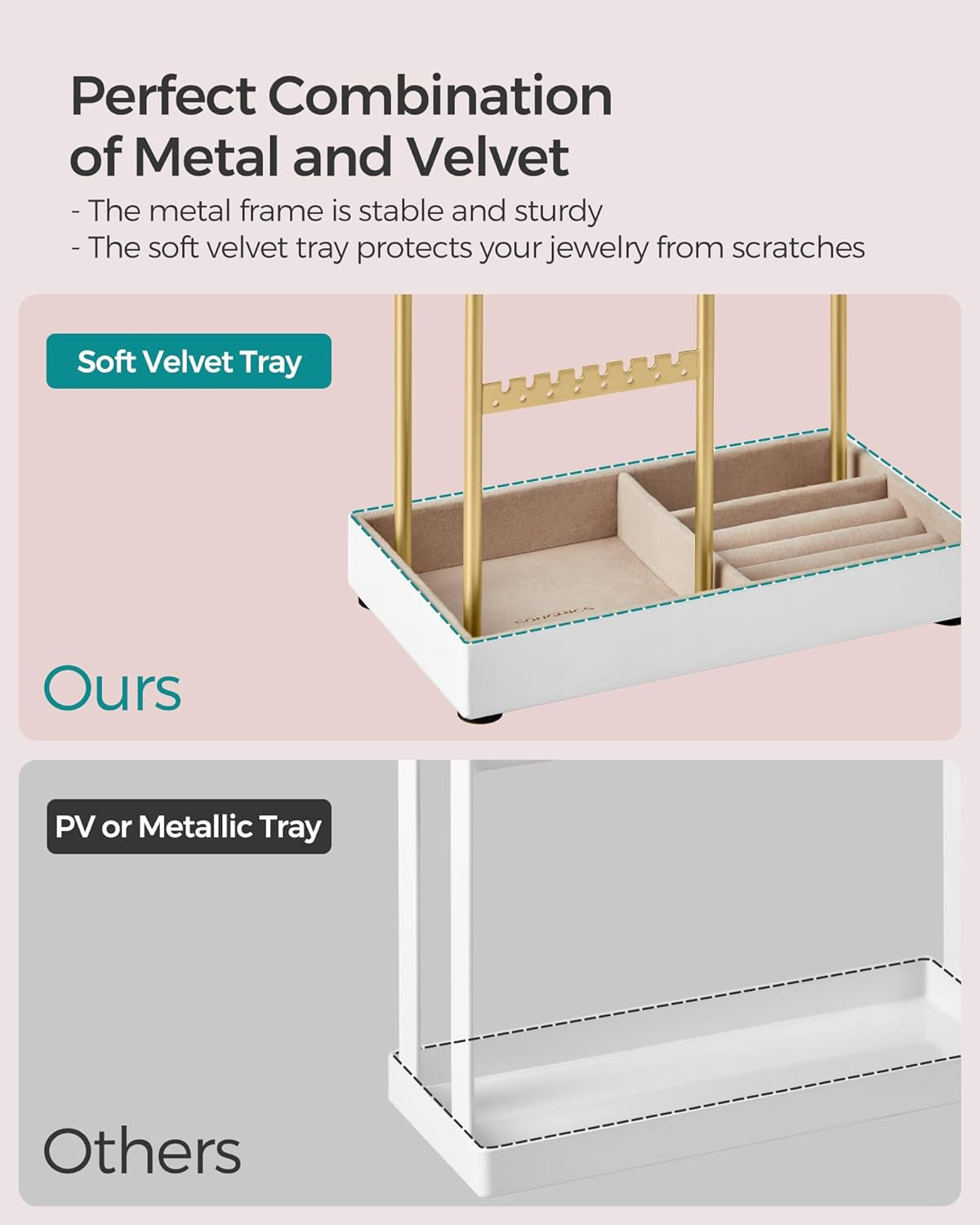 Set of 2 Jewelry Holders, Jewelry Organizers Display Stands with Metal Frame, Velvet Tray, Necklace Earring Bracelet Holders, for Studs, Rings, Gift Idea, Pale Gold UJJS021A01V1-2J