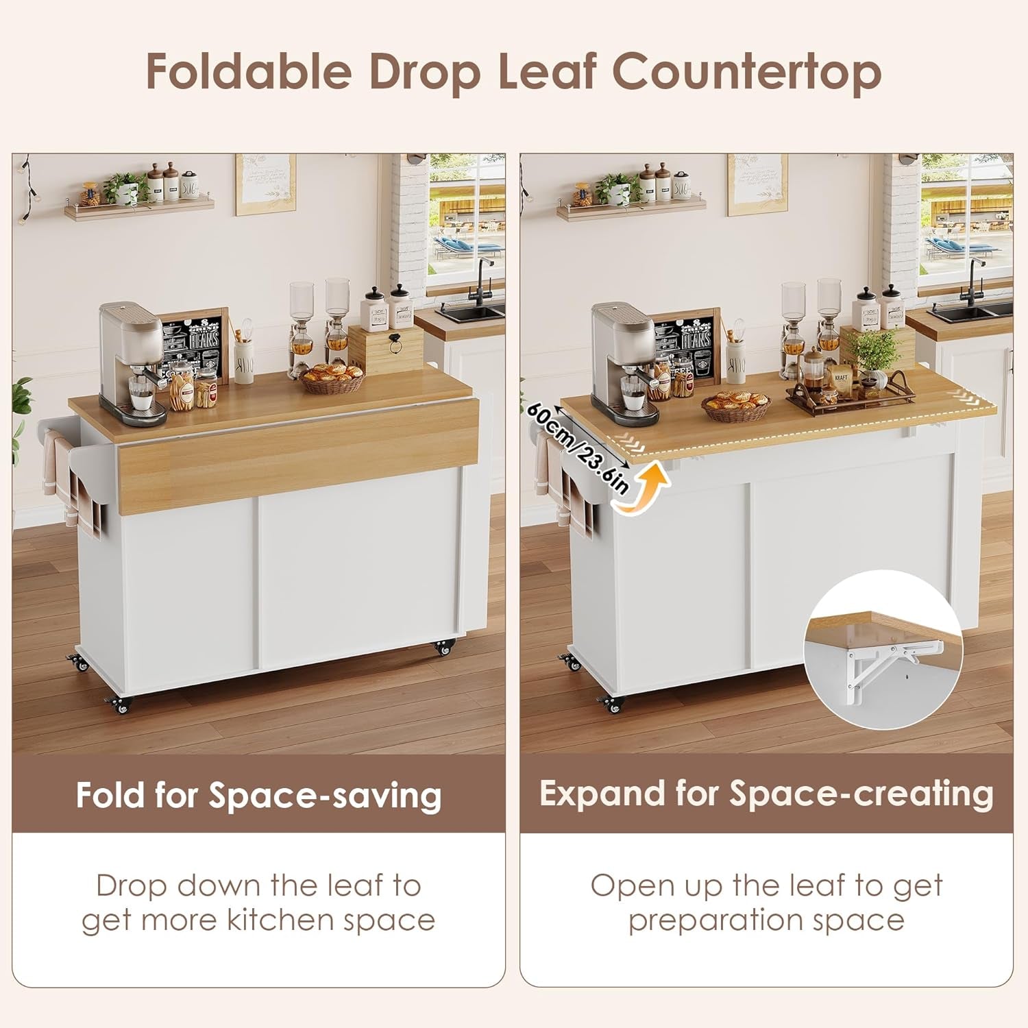 Kitchen Island with Storage, Rolling Kitchen Island on Wheels with Wood Drop Leaf Countertop, Island Table Bar Cart with Spice Towel Rack Portable Kitchen Table Kitchen Carts on Wheels