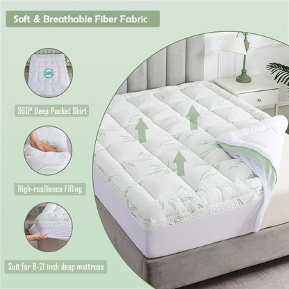Queen Mattress Topper, Soft Pillow Top Mattress Topper with Deep Pocket Fits 8–21 Inch,7D Spiral Fiber Filling, Bamboo Viscose Air Layer Mattress Topper Queen.