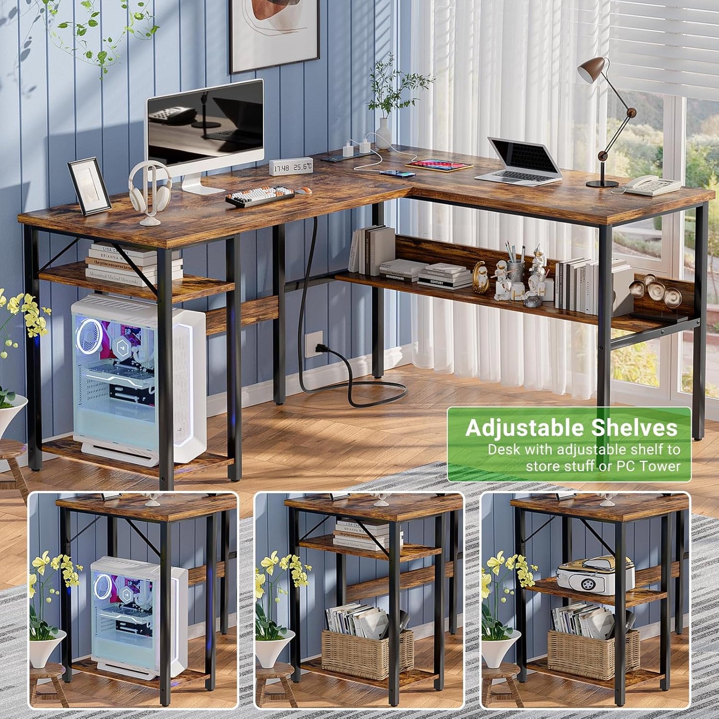 L Shaped Computer Desk with Magic Power Outlets and USB Charging Port, Sturdy Reversible Corner Desk with Storage Shelves, Modern Work Desk for Home Office, Easy to Assemble, Rustic Brown