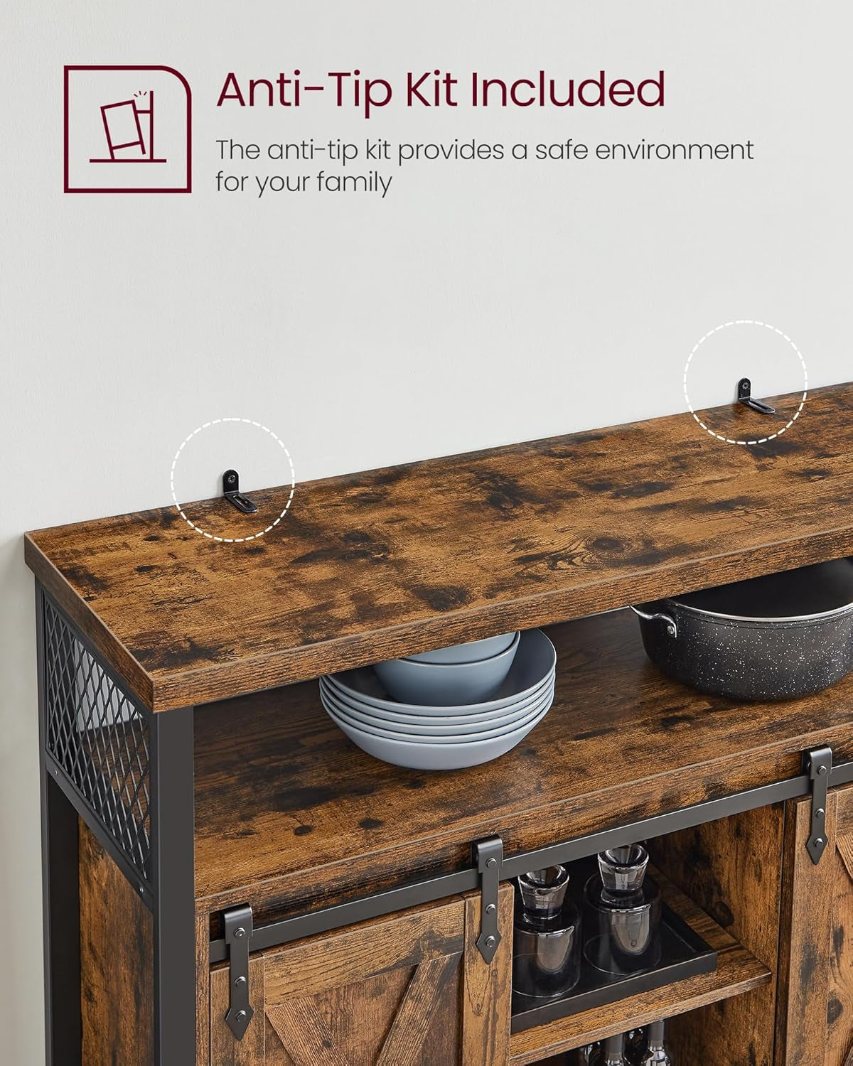 Coffee Bar Cabinet with Power Outlet and Voice Control LED Light, Buffet Cabinet with Sliding Barn Doors, S Hooks, Wine Glass Racks, Bottle Holders, Rustic White and Honey Brown ULSC201W01