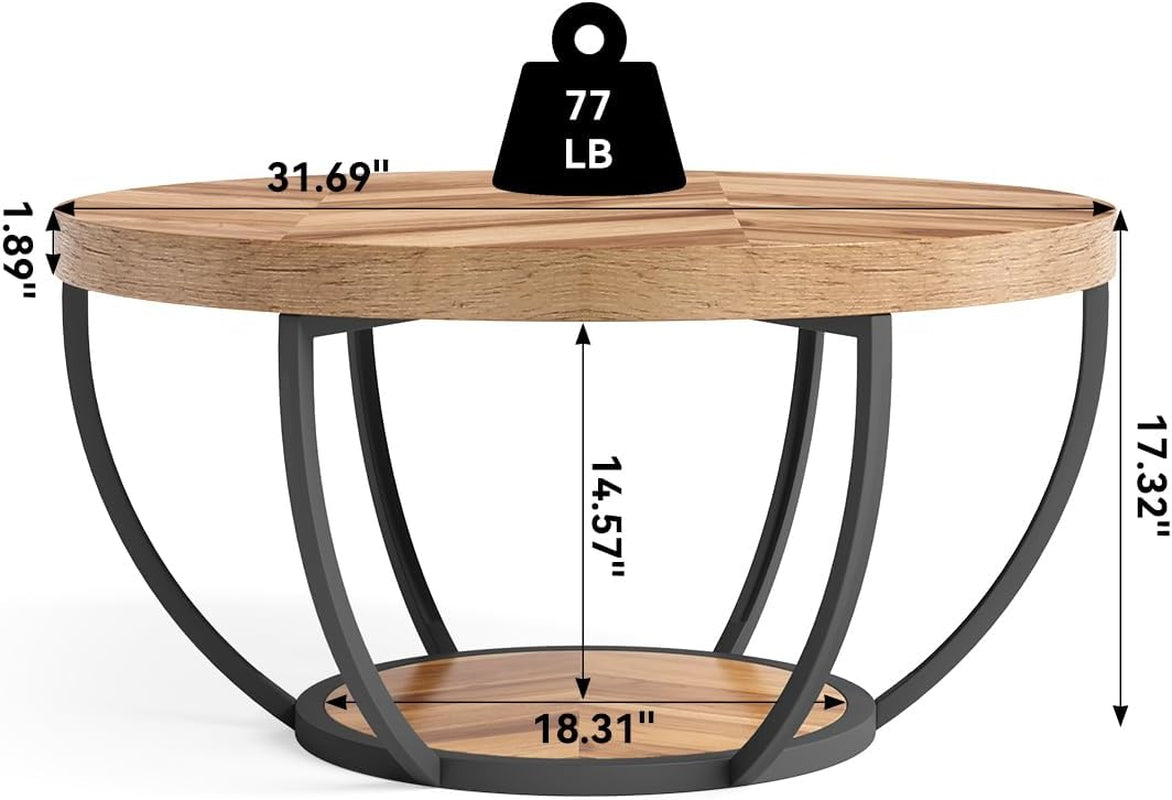 round Coffee Table, 32" Circle Coffee Table for Living Room, 2-Tier Wood Accent Center Table with Open Storage Industrial Design Home Furniture (Wood Grain and Black)