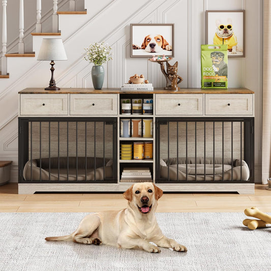 82" Double Dog Crate Furniture, Large Dog Kennel Indoor for 2 Dogs, Heavy Duty Wooden Dog Crate TV Stand with 4 Drawers and Shelves, Washed White