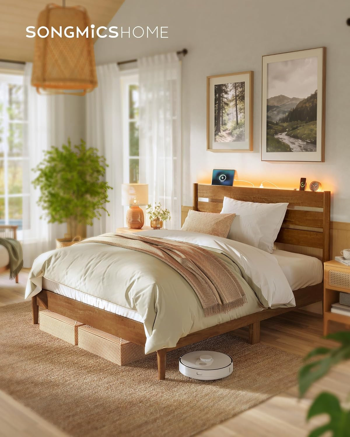 Full Bed Frame with Headboard, LED Lights & Charging Station, Solid Wood Legs and Slats, Mid-Century Modern Platform Bed, No Box Spring Needed, Caramel Brown URMB412K01V1