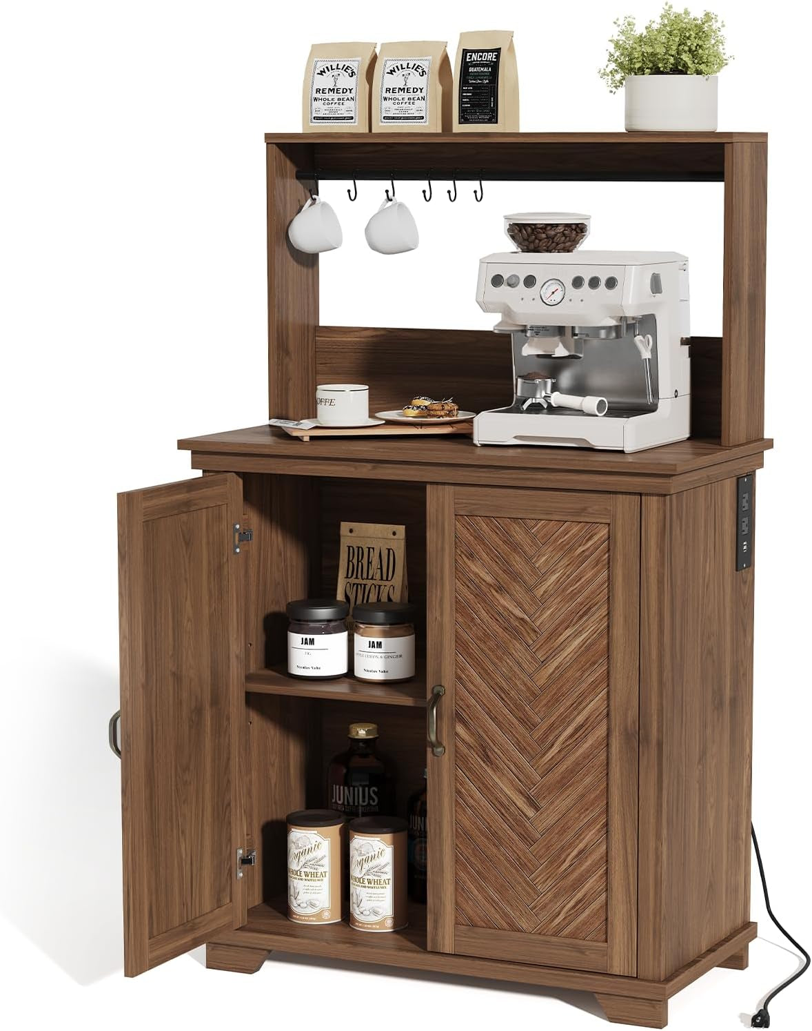 Farmhouse Coffee Bar Cabinet with Storage,31.5" Kitchen Cabinet with Hooks and Charging Station,Coffee Station with Adjustable Shelf and Hutch,Sideboard for Living Dining Room