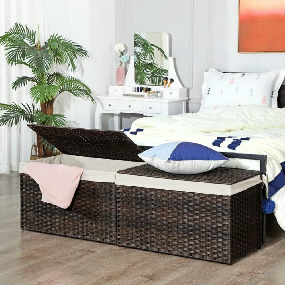 Storage Basket with Lid, 42.3 Gallon (160L) Storage Bin, Woven Blanket Storage Basket with Handles, Foldable, Removable Liner, Metal Frame, for Bedroom, Laundry Room, Brown URST76BR