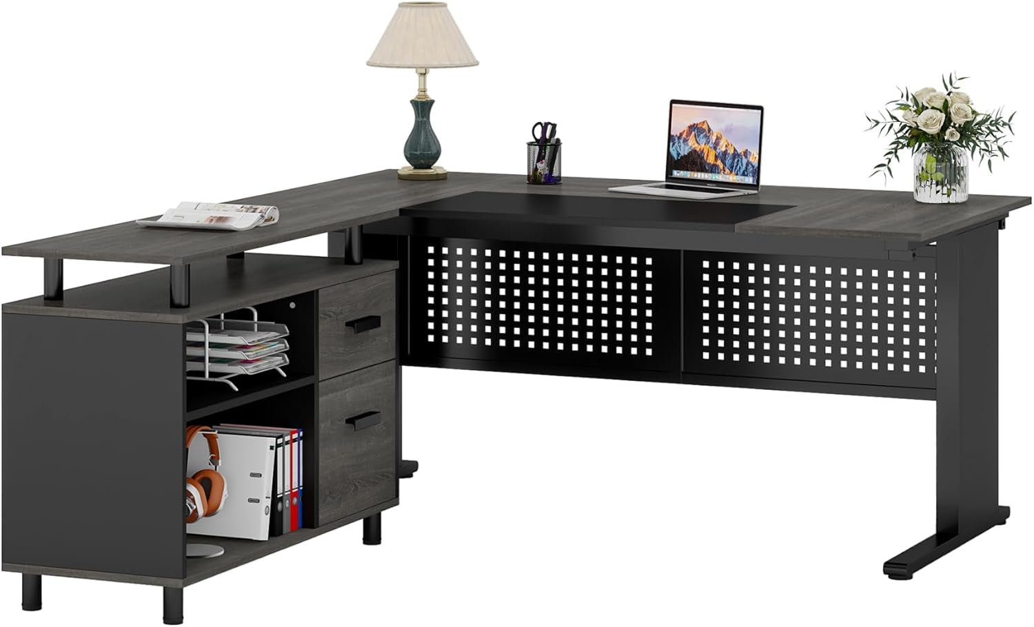 63 Inch Executive Desk with File Cabinet, L Shaped Office Desk with Drawers and Storage Shelves, Business Furniture Set Workstation for Home Office, Gray and Black