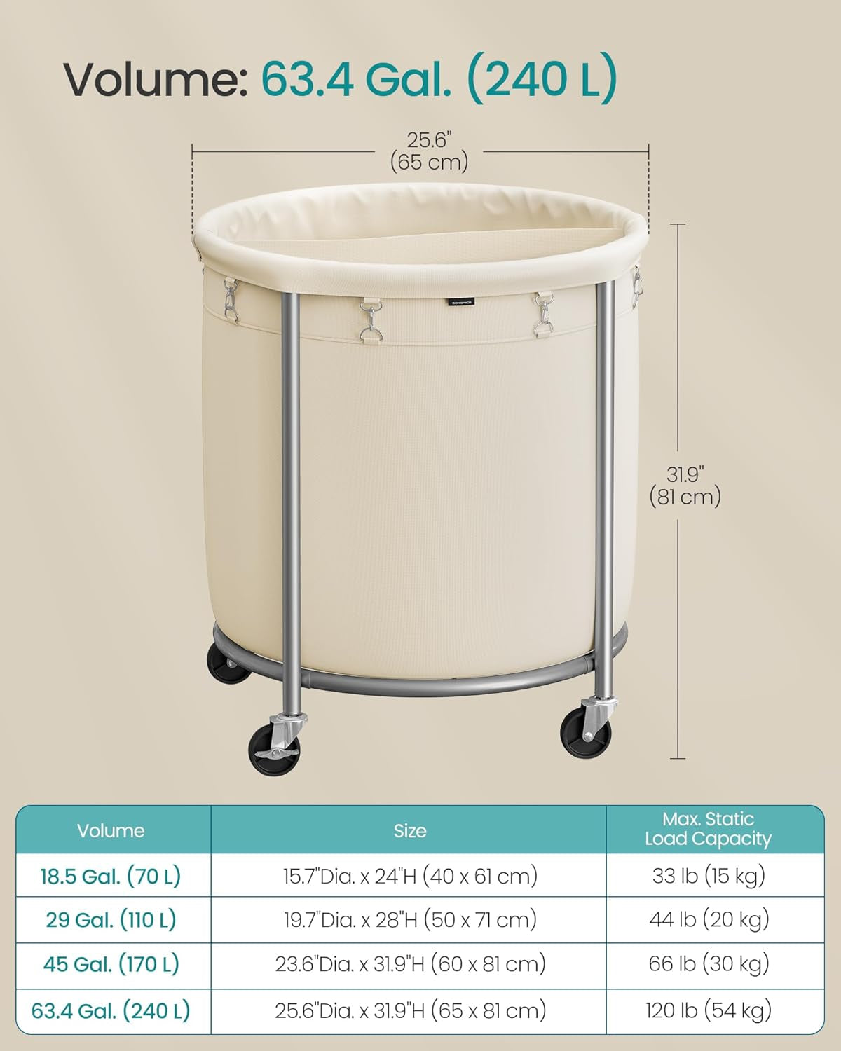63.5-Gallon (240 L) Laundry Basket with Wheels, Rolling round Heavy-Duty Laundry Hamper Cart with Steel Frame and Removable Bag, 2 Locking Wheels, Cream White and Metallic Silver URLS012W01